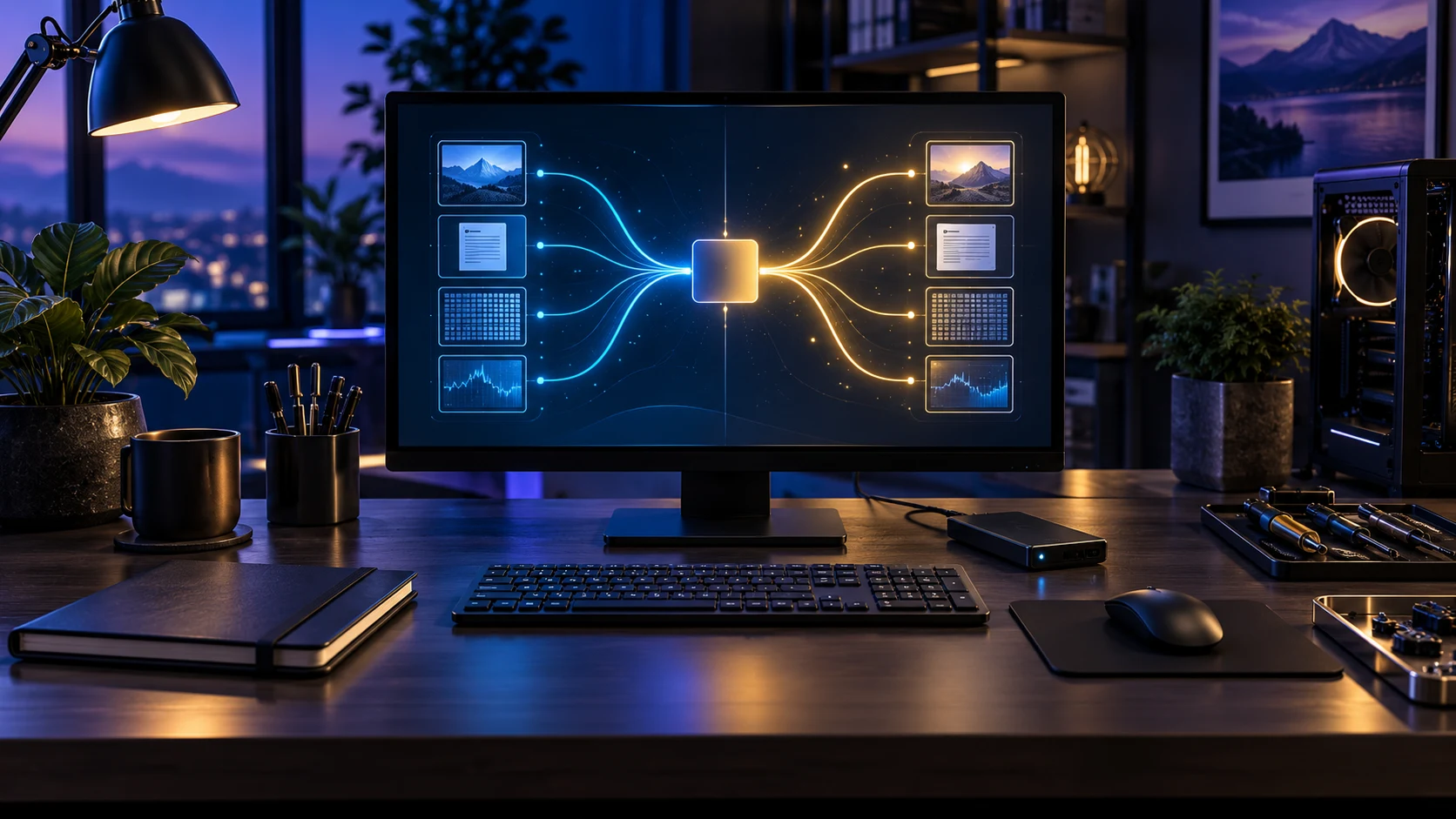 Illustration of a calm computer workspace and a before-and-after comparison concept