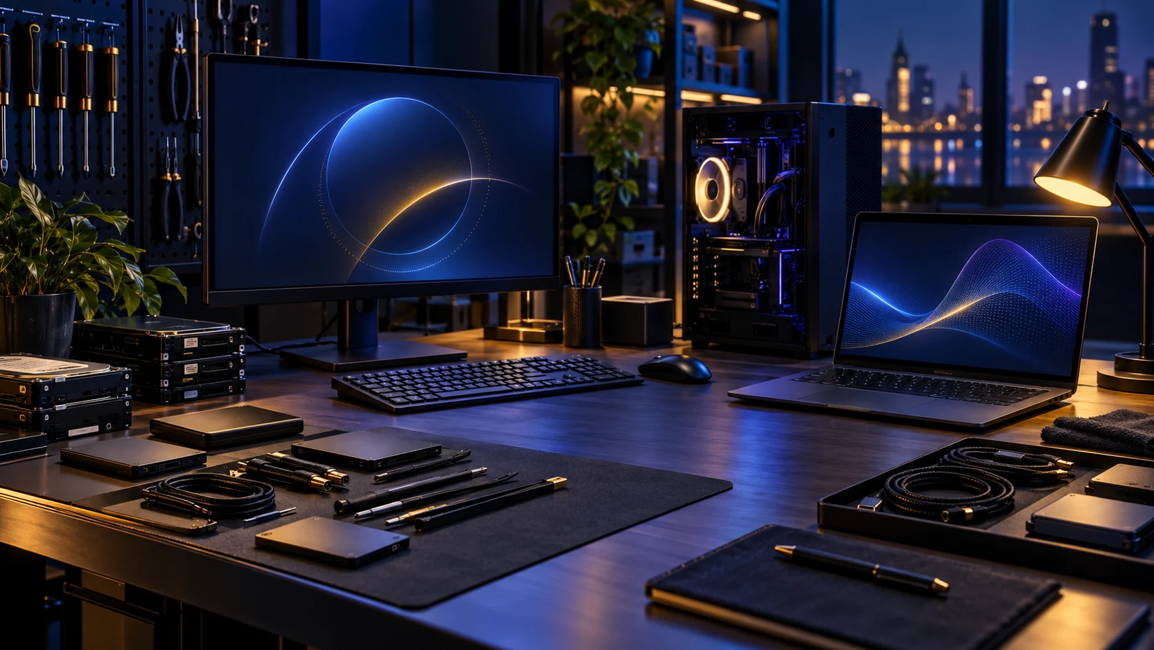 Illustration of a carefully organised computer servicing workspace